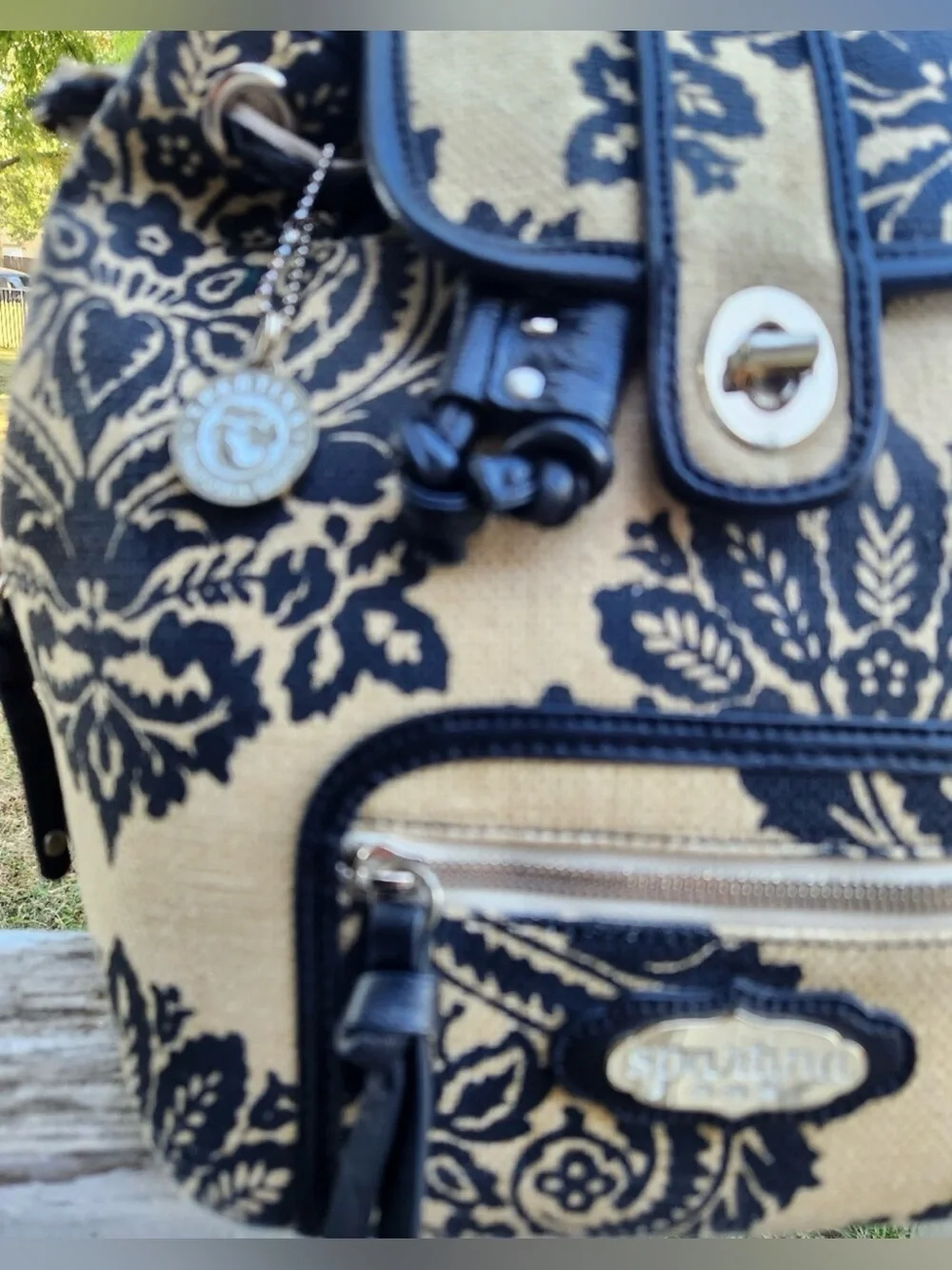 Spartina 449 linen/leather mini backpack black/natural cream damask pattern